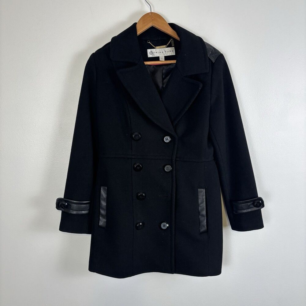 Trina Turk Womens 6 Wool Blend Peacoat Black Double Breasted Faux Leather Trim